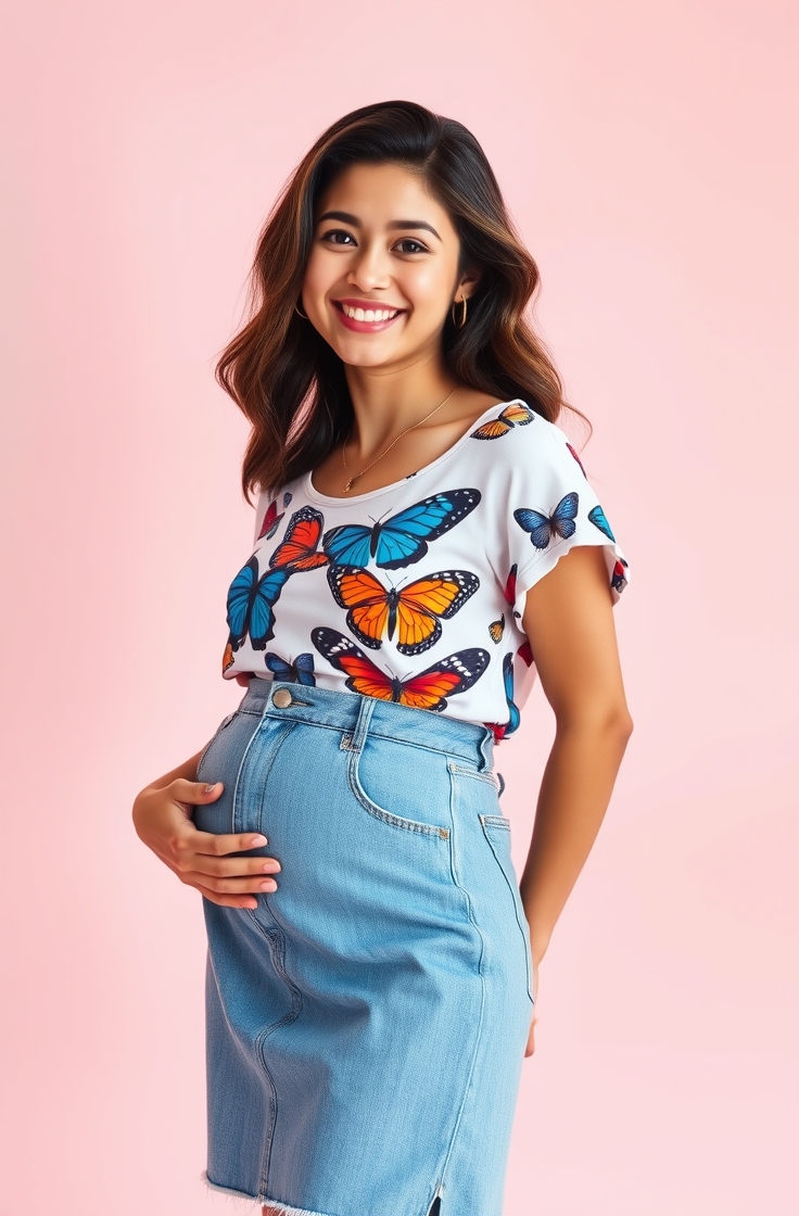 Butterfly Top with Maternity Denim Skirt