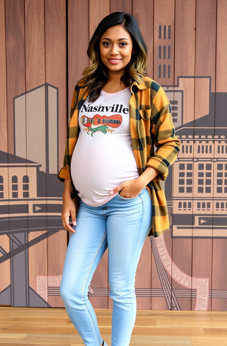 Maternity Jeans with Graphic Tee and Flannel Shirt