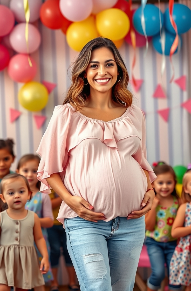 Maternity Jeans with a Ruffled Blouse