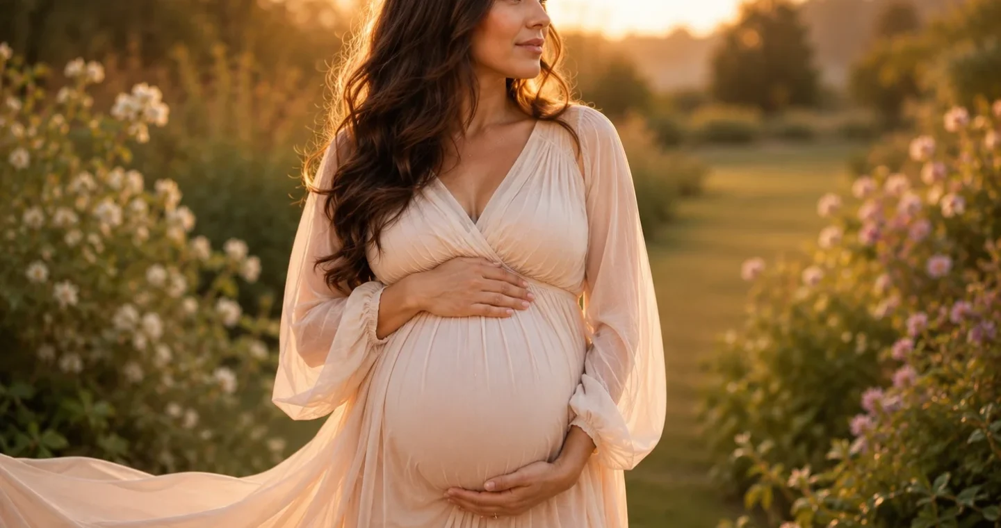 Pregnant woman wearing a flowing blush maternity dress during an outdoor golden-hour photoshoot