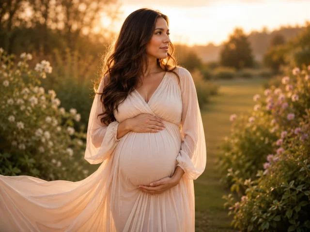 Pregnant woman wearing a flowing blush maternity dress during an outdoor golden-hour photoshoot
