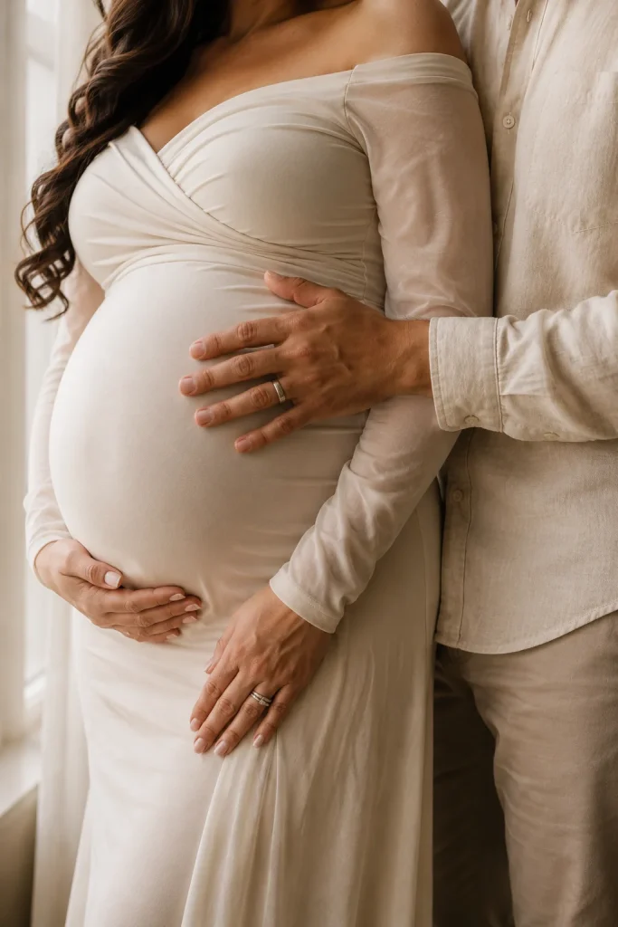 Couple resting their hands gently above and below a pregnant belly during a close-up maternity photoshoot.