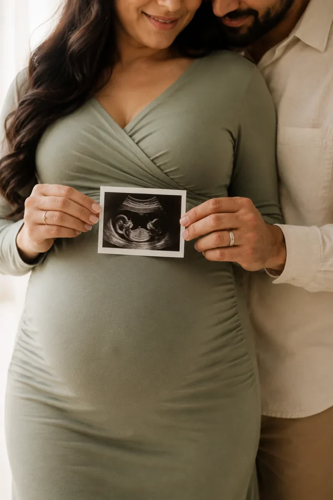 Pregnant couple holding an ultrasound photo together above the baby bump during a maternity portrait.