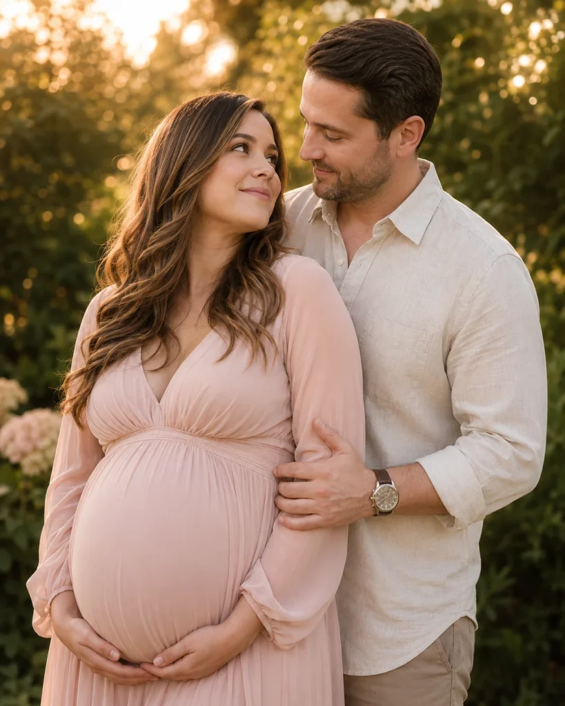 Pregnant couple standing with their faces close together and the baby bump visible in a romantic outdoor portrait.