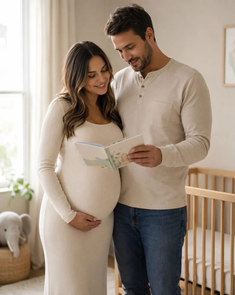 Expectant couple reading a baby book together while preparing a softly lit nursery.