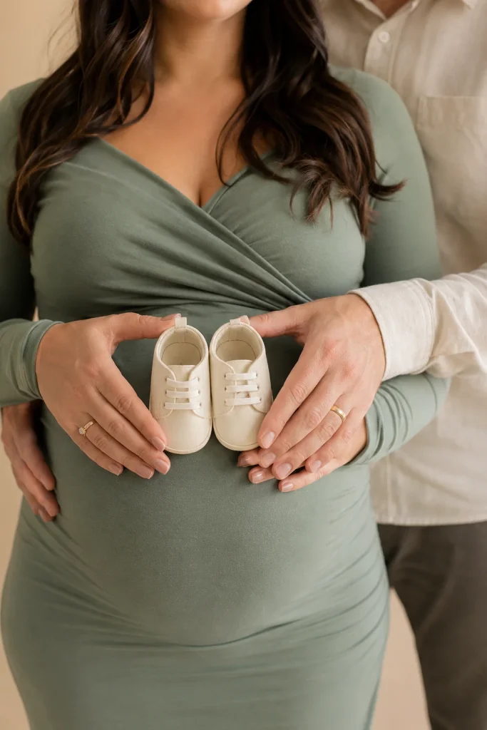 Pregnant couple holding a small pair of baby shoes together in front of the baby bump.