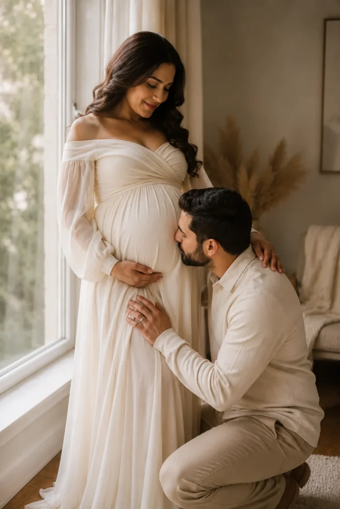 Partner gently kissing a pregnant woman’s baby bump while she looks down during an indoor maternity session.