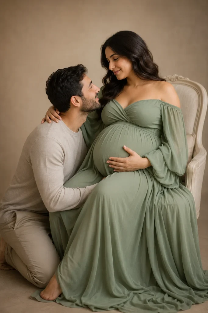 Partner kneeling beside a seated pregnant woman with one hand resting gently on her baby bump.