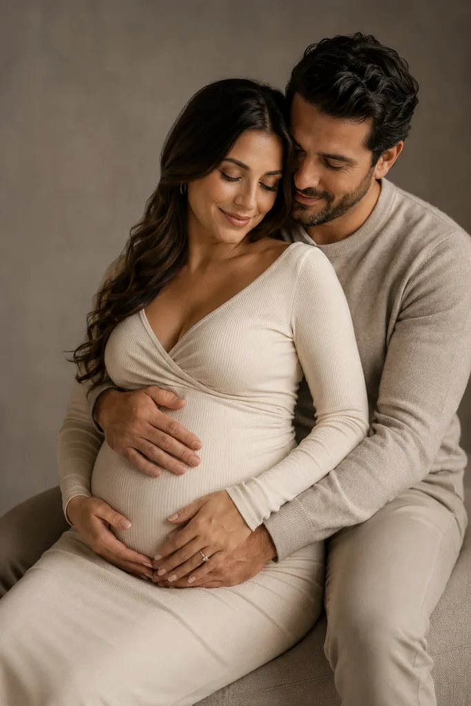 Partner sitting behind a pregnant woman with both arms wrapped gently around her baby bump.