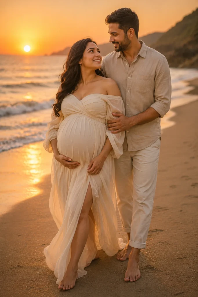 Pregnant woman walking on a beach with her partner close behind and an arm gently around her waist.