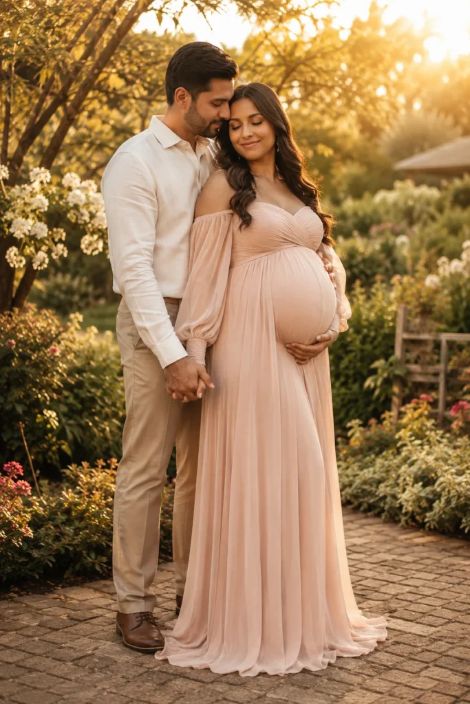 Pregnant couple recreating an earlier romantic photograph together in a garden during golden hour.