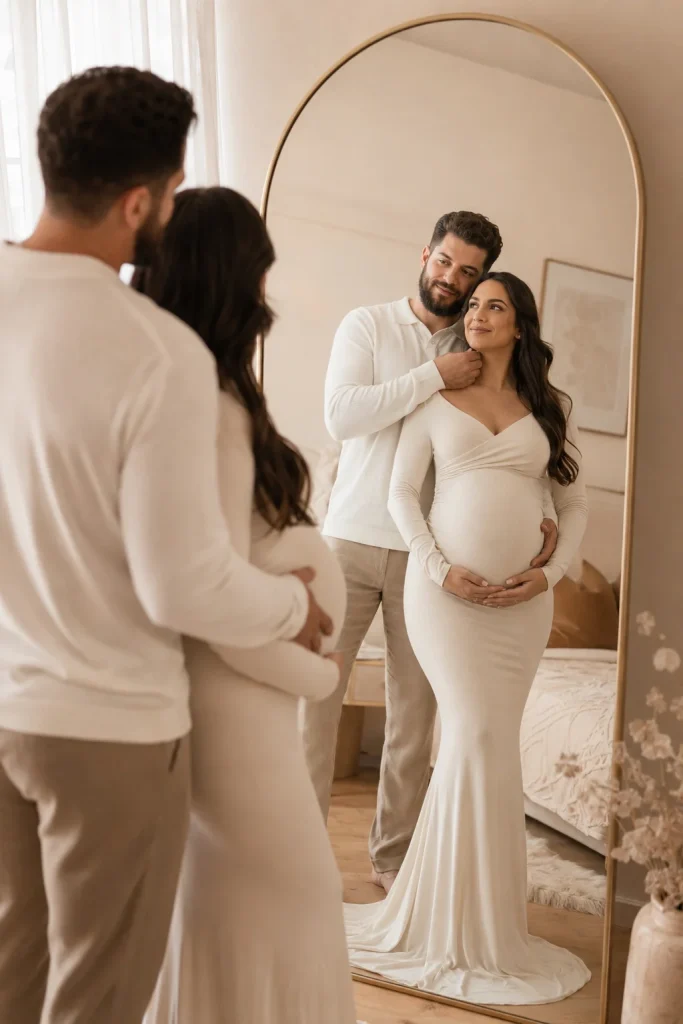 Pregnant couple looking at each other through a large mirror during an elegant indoor maternity photoshoot.