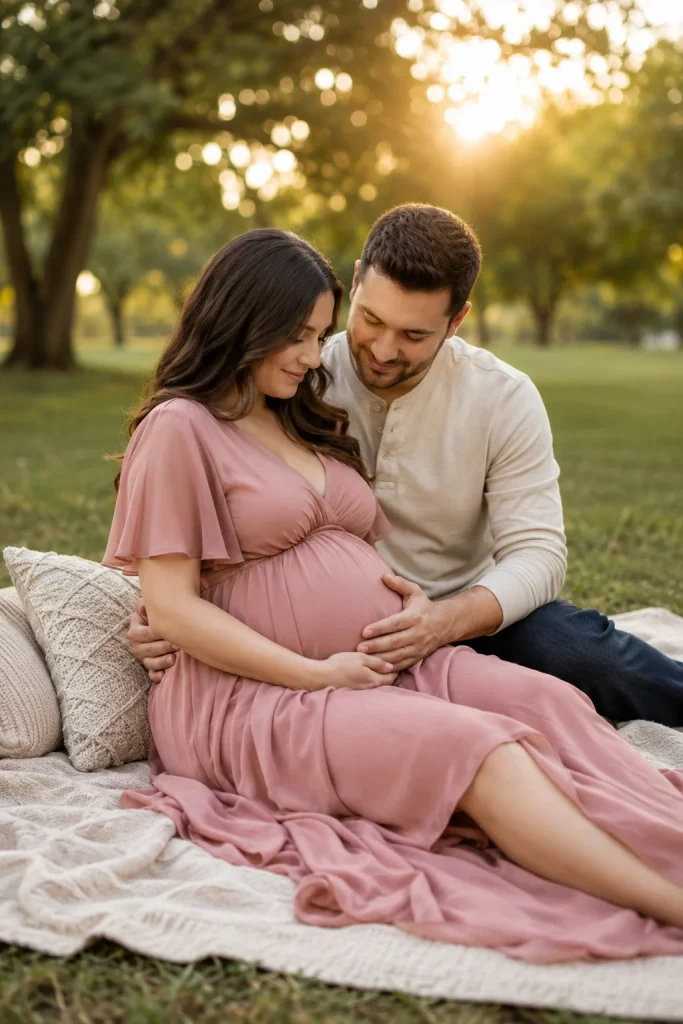 Pregnant couple sitting together on a blanket in a park and looking down at the baby bump.
