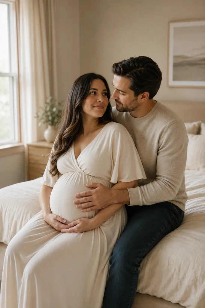 Pregnant couple sitting together on the edge of a bed during a relaxed at-home maternity photoshoot.