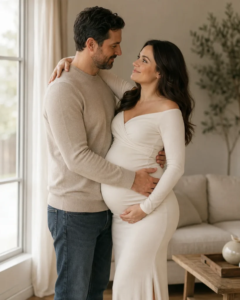 Pregnant woman in an ivory dress slow dancing with her partner in a softly lit living room.
