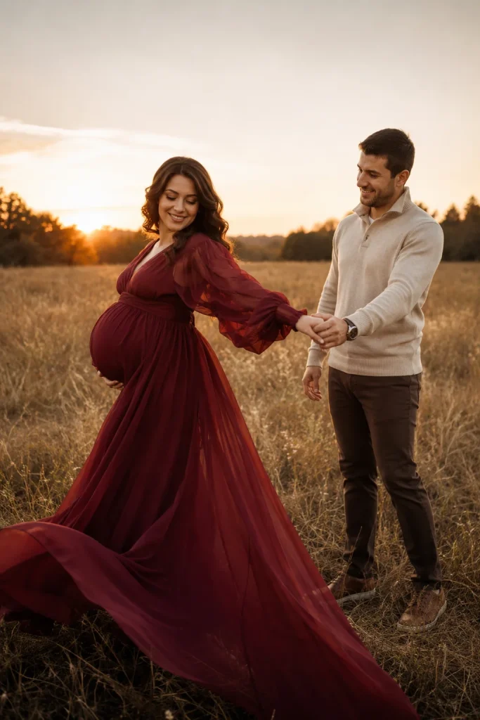 Pregnant woman in a flowing burgundy maternity gown gently turning while holding her partner’s hand in a field.