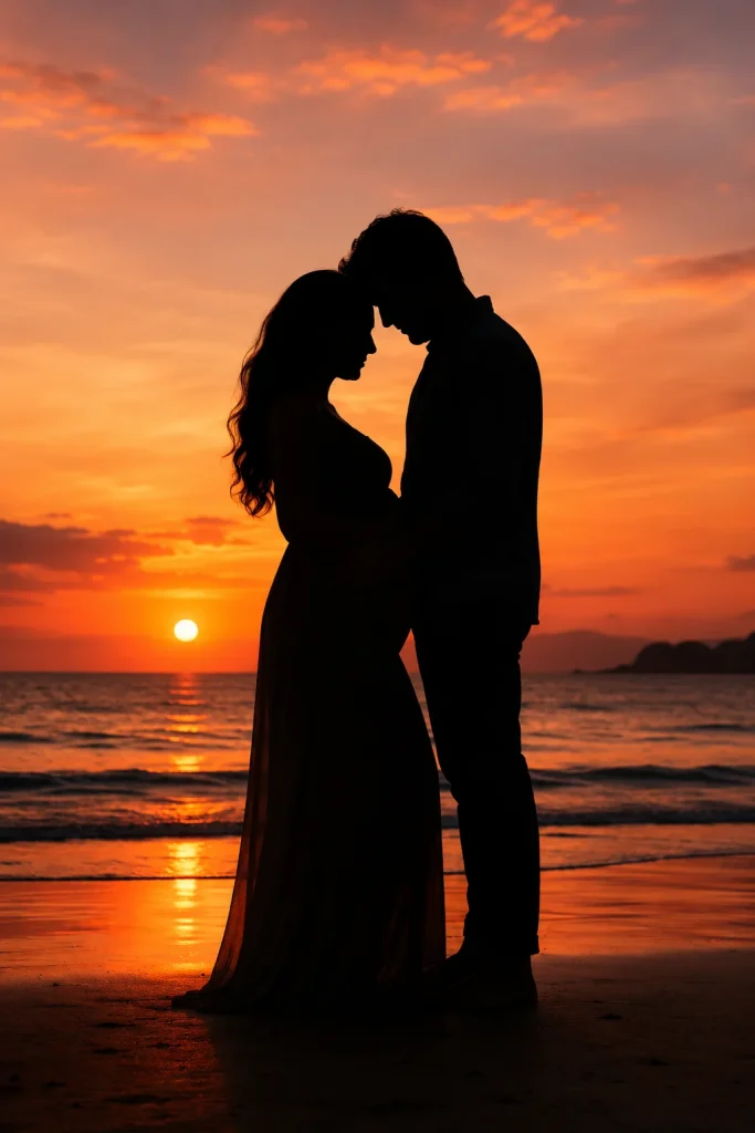 Silhouette of a pregnant couple standing close together on a beach with the baby bump outlined against the sunset.