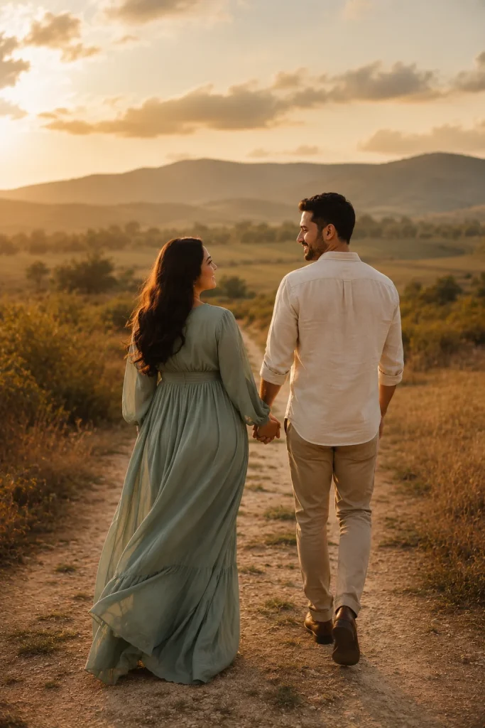 Pregnant couple holding hands and walking away together along a countryside path at sunset.