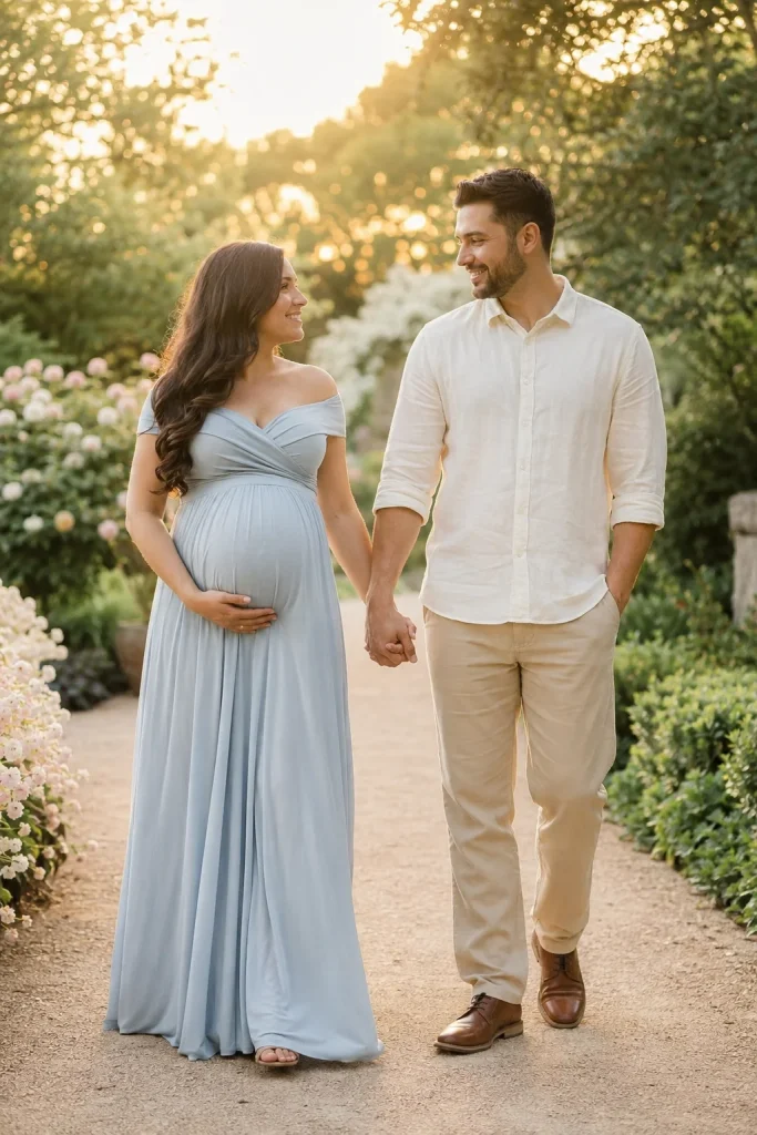 Pregnant woman in a flowing blue maternity dress walking hand in hand with her partner along a garden path.