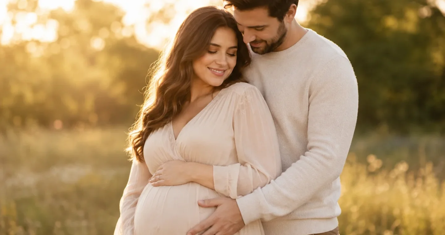 Expecting couple posing together during an outdoor maternity photoshoot