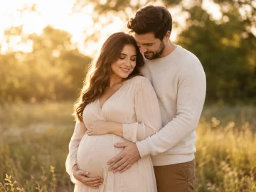 Expecting couple posing together during an outdoor maternity photoshoot
