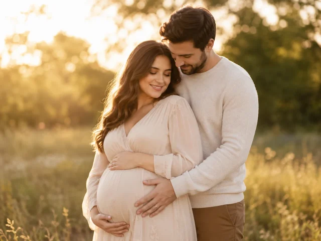 Expecting couple posing together during an outdoor maternity photoshoot