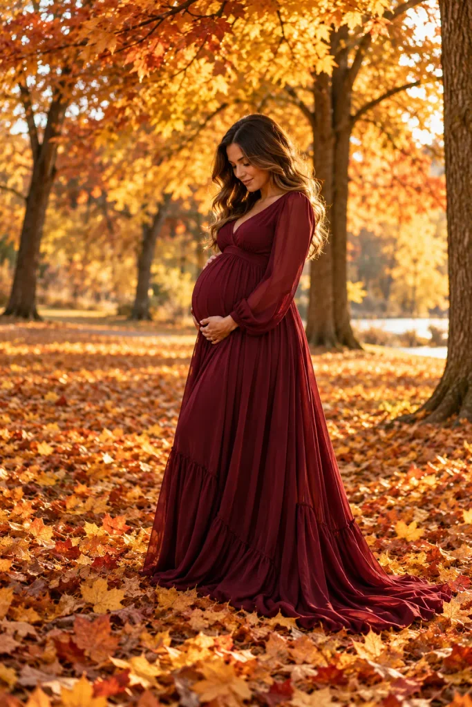 Burgundy Maternity Gown Among Autumn Leaves