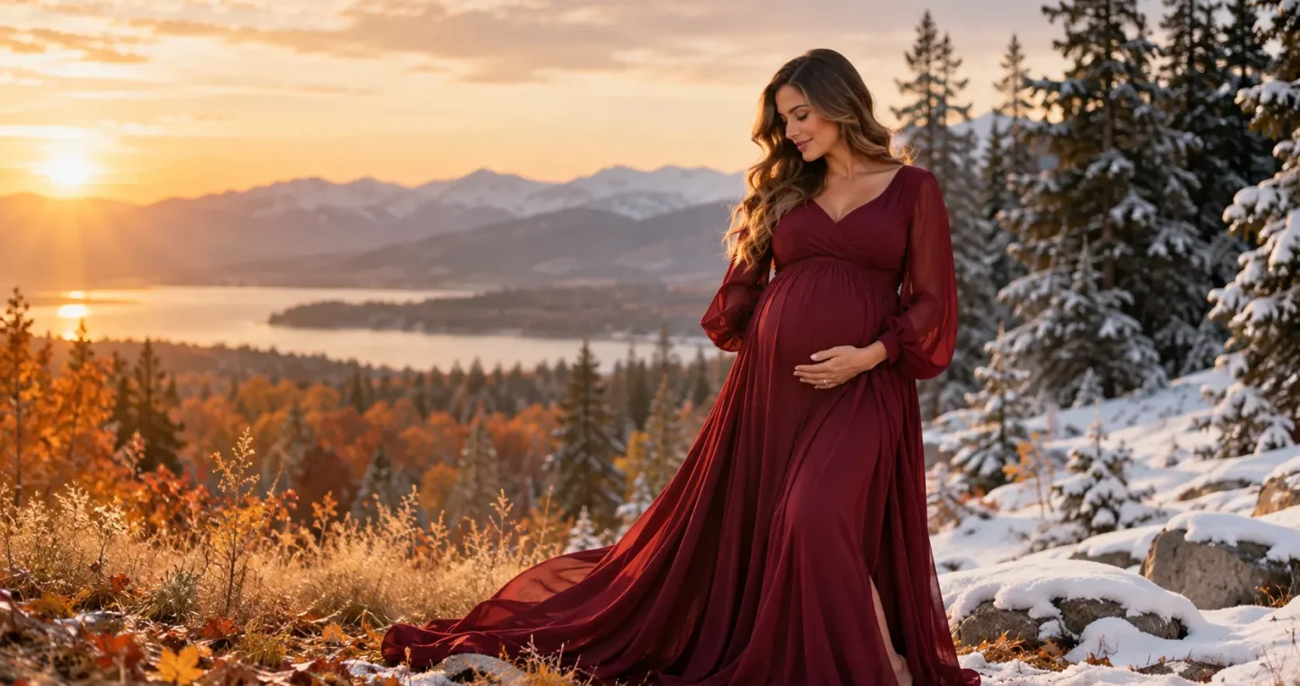 Pregnant woman in a burgundy maternity gown surrounded by fall foliage and a snowy winter landscape