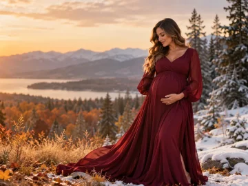 Pregnant woman in a burgundy maternity gown surrounded by fall foliage and a snowy winter landscape