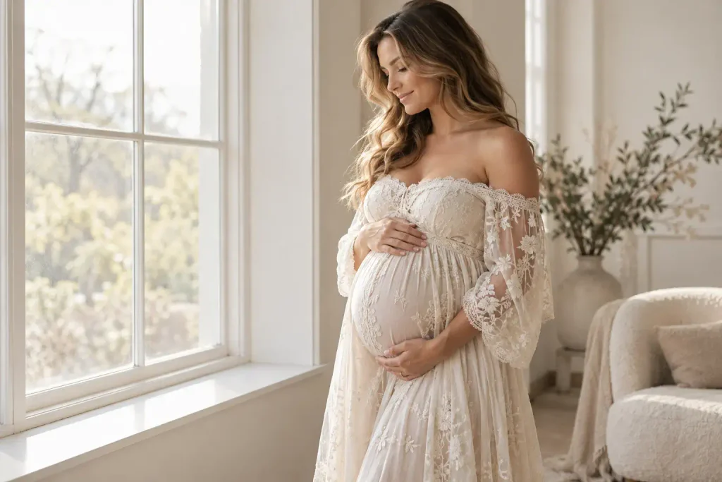 Off-the-Shoulder Maternity Gown and Lace Maternity Dress