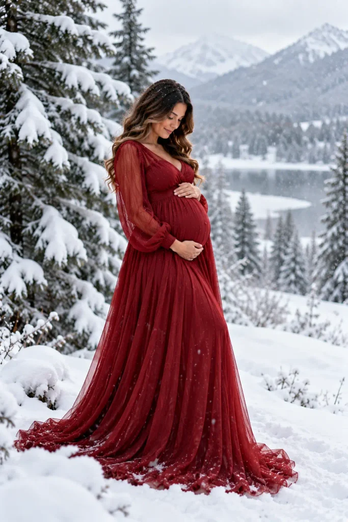 Red Maternity Dress in the Snow