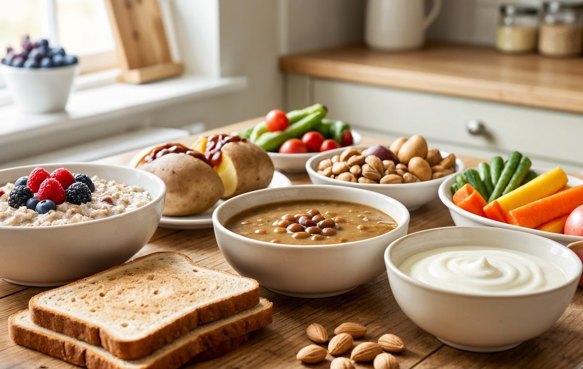 Porridge, wholemeal bread, lentil soup, potatoes, vegetables, fruit, nuts and yoghurt on a kitchen table