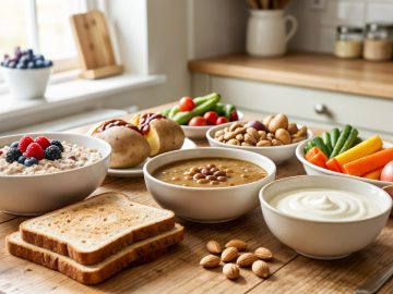 Porridge, wholemeal bread, lentil soup, potatoes, vegetables, fruit, nuts and yoghurt on a kitchen table