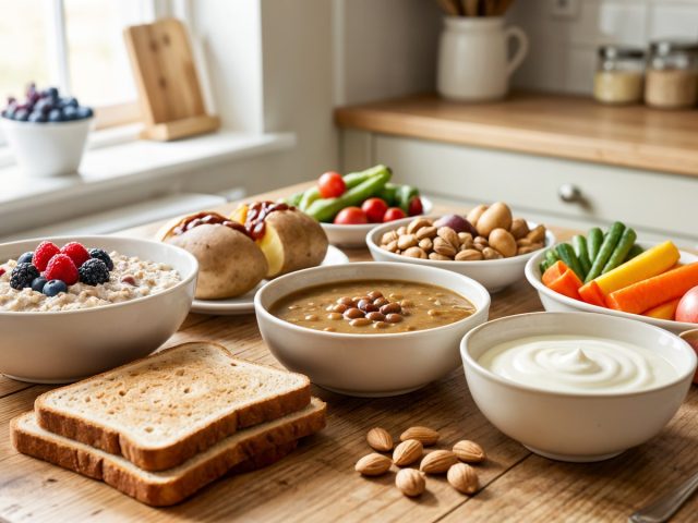 Porridge, wholemeal bread, lentil soup, potatoes, vegetables, fruit, nuts and yoghurt on a kitchen table