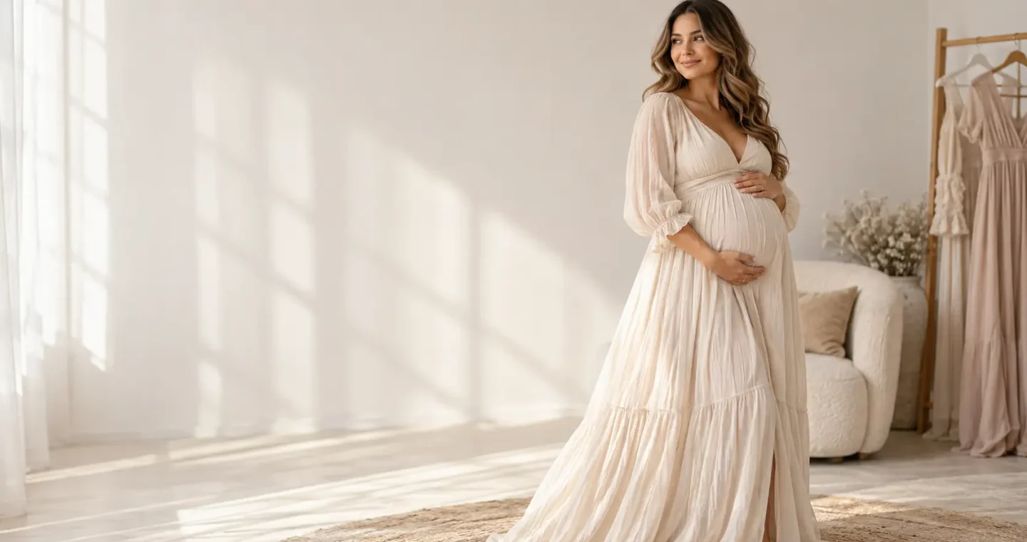 Pregnancy photoshoot outfit ideas with elegant maternity dresses