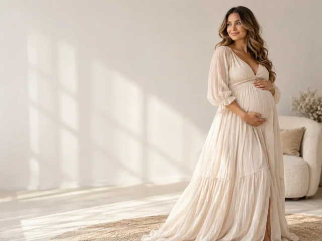 Pregnancy photoshoot outfit ideas with elegant maternity dresses