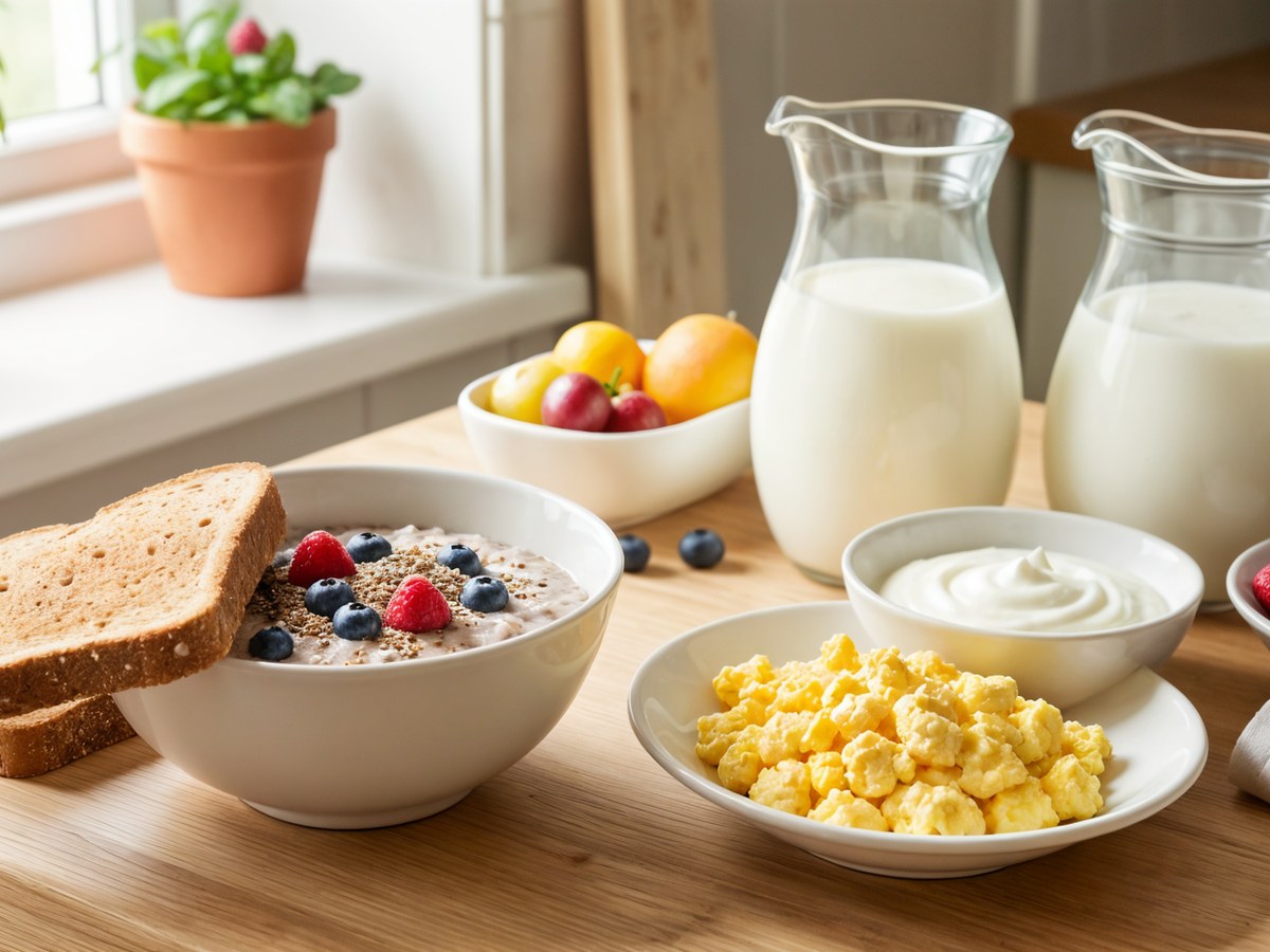 Porridge with berries, wholemeal toast, cooked scrambled eggs, yoghurt, fruit and milk