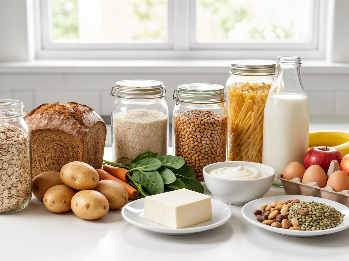 Oats, bread, potatoes, rice, pasta, lentils, milk, yoghurt, eggs, tofu, vegetables, fruit, nuts and seeds on a kitchen counter