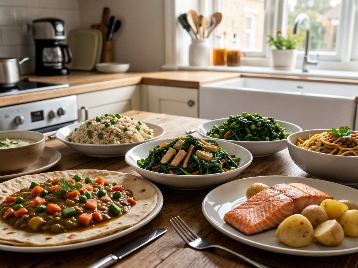A varied dinner table with lentils and rice, cooked greens, tofu noodles, flatbread stew, cooked salmon and potatoes